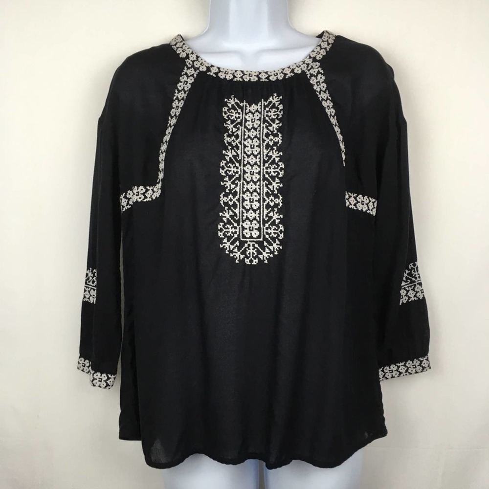 Lucky Brand Black White Embroidered Peasant Top XS